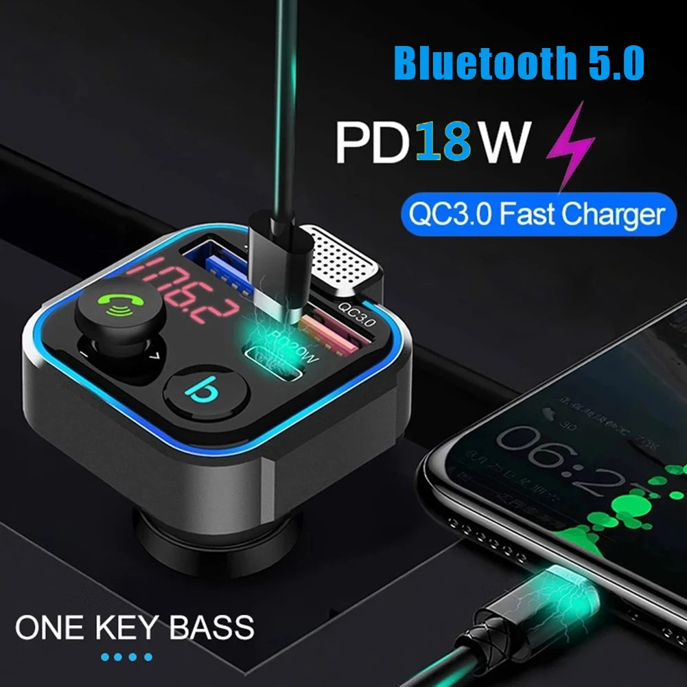 

Car Bluetooth-compatible 5.0 FM Transmitter One Key Bass Mp3 Player Large Microphone USB Music Play QC3.0 PD20W Quick Charger