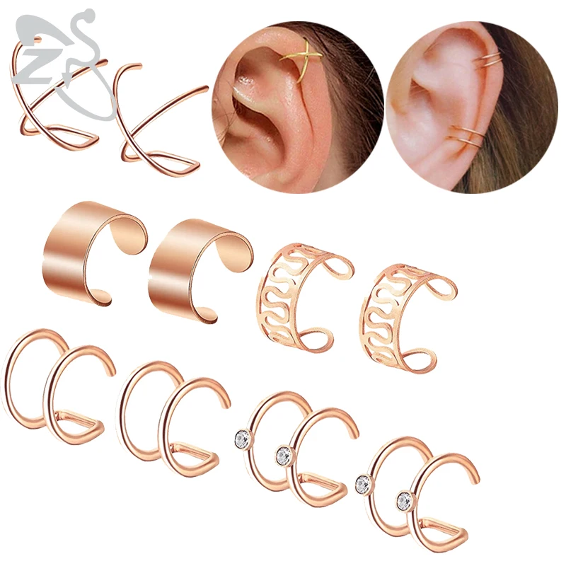 

ZS 10pcs/lot Stainless Steel Round Ear Clip for Women Black Rose Gold Color Ear Cuff No Piercing Fake Cartilage Earring Jewerly