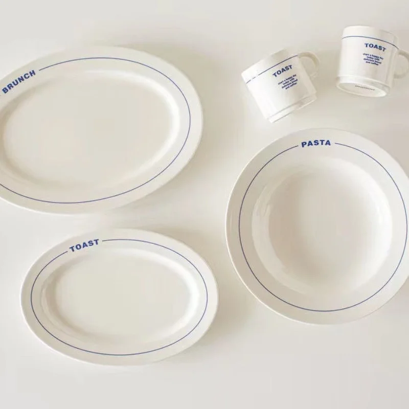 

Korean Retro Letters Simple Ceramic Plate for Pasta Fried Rice Deep Plate Oval Plate Breakfast Plate Ceramic Mug