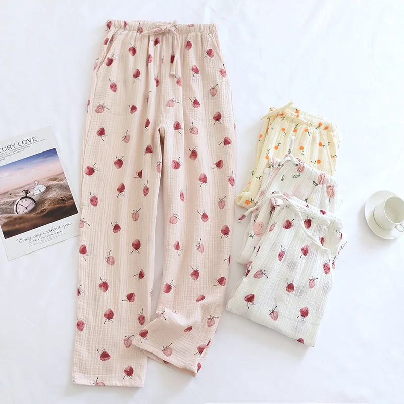 Pajama Long Pants Women Woven Cotton Air Conditioning Trousers Loose Home Side Pockets Spring Thin Soft Double Layer Bottoms Pjs