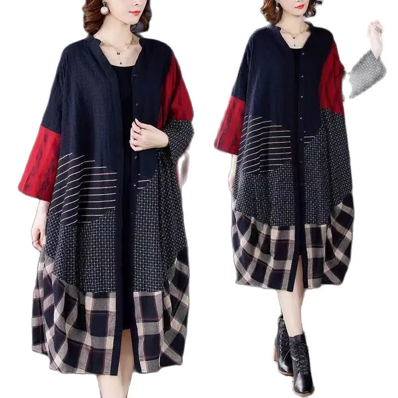 

Old Middle-Aged Women's Windbreaker Spring Autumn Casual Coat Mid-Length Woman Trench Coat Cotton Linen Outerwear Female 2023