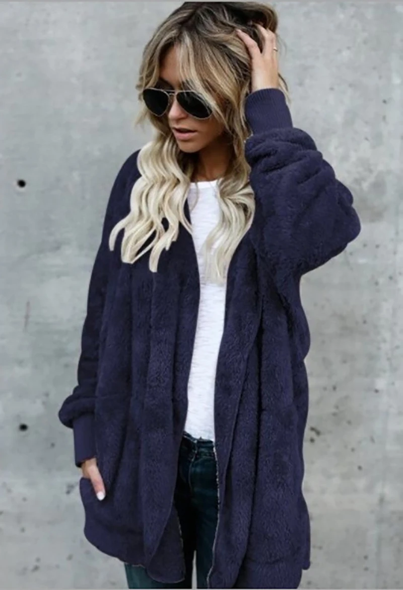 Faux Fur Coat Women 2022 Autumn Winter Warm Soft Long Fur Jacket Outwear Plush Overcoat Pocket Buttonless Cardigan with hood
