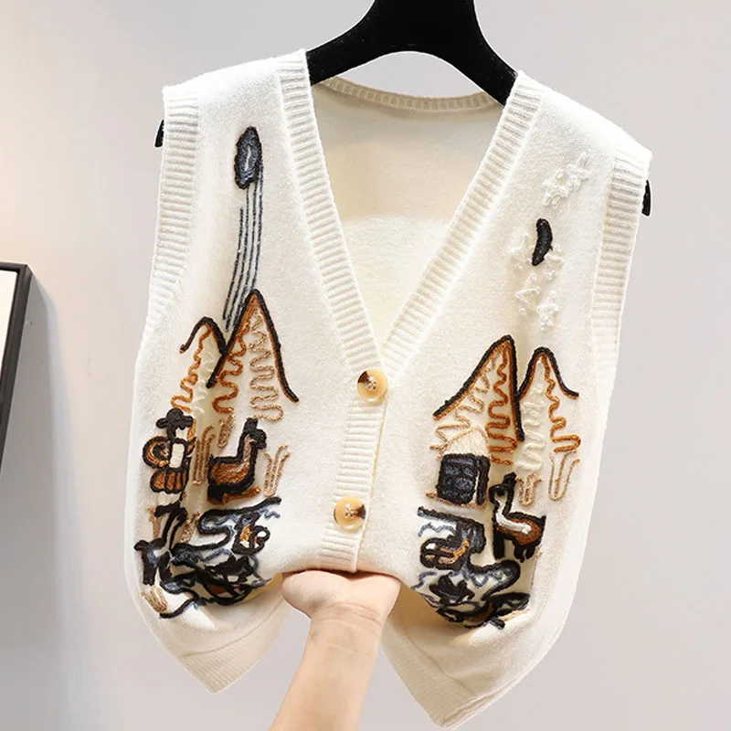 

Зимний вязаный свитер, жилет, женский корейский топ с мультяшным рисунком, винтажный свитер без рукавов, модная одежда с V-образным вырезом, ...