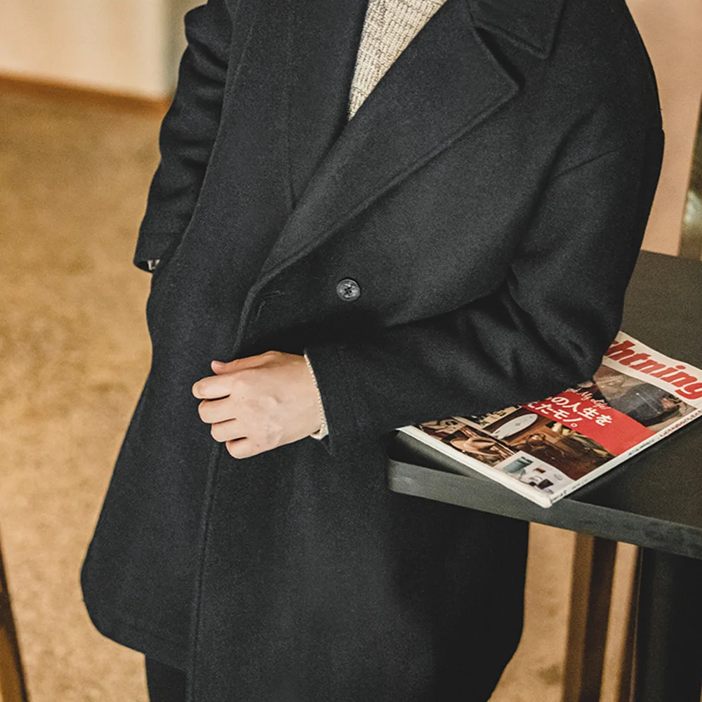 Maden Мужское ретро черное пальто из плотной шерстяной фланели Утепленное