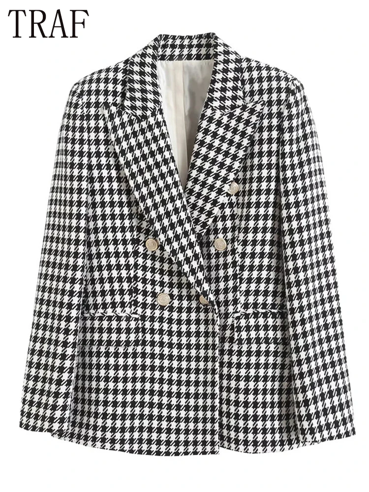 

TRAF Zar 2022 Houndstooth Blazer Women Double Breasted Textured Spring Jacket Vintage Long Sleeve Casual Plaid Blazer Woman