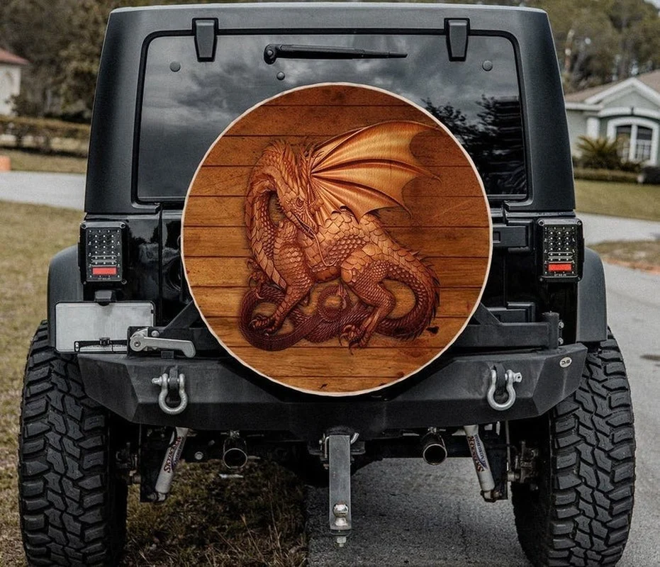 

3d Dragon Wood Art Tire Cover- Universal Wheel Tire Cover for Trailer, RV, SUV, Truck