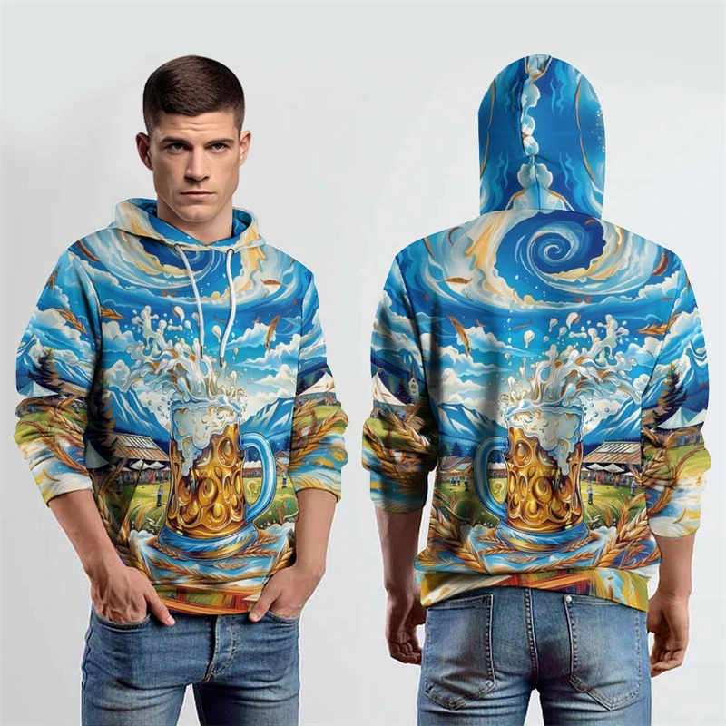 Мужские толстовки с 3D-принтом пива весна-осень 2024 мужские и женские капюшоном