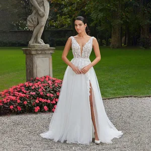 Spaghetti strap Lace Appliques Wedding Dresses Elegant A-Line Slit Side Wedding Gown Sexy Backless Bridal Gown Vestido De