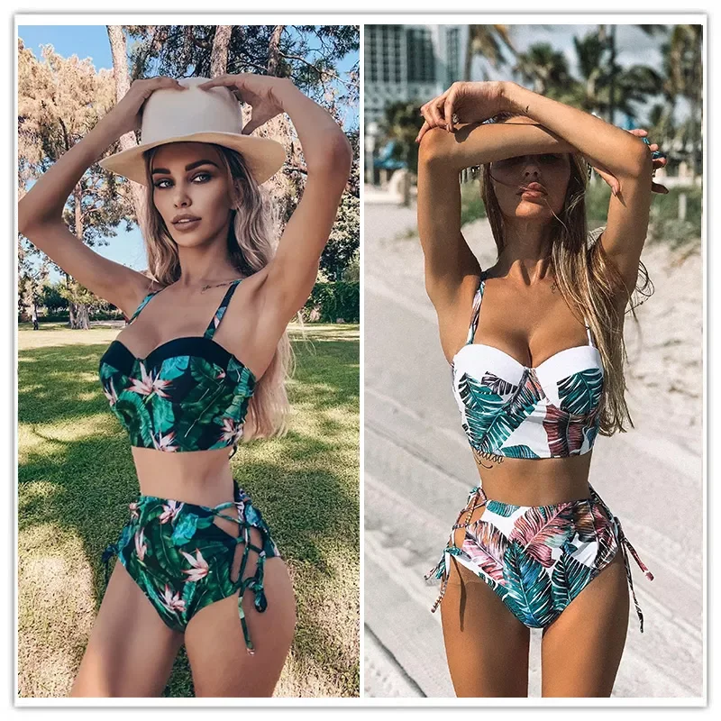 

High Waist Swimwear 2021 New Leaf Print Bikinis Women Swimsuit Vintage Retro Bathing Suit Halter Biquini Maillot de bain femme