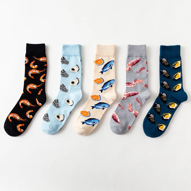 5 Pairs/Pack Funny Harajuku Men Socks Combed Cotton Seafood Series Salmon Squid Oysters Street Novelty Crew Gift Socks