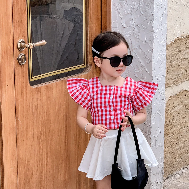 

Baby Shirt Kids Fly Sleeve Plaid Girls Blouse Children Short Sleeves Summer Clothing Children's Shirt Toddler Clothes