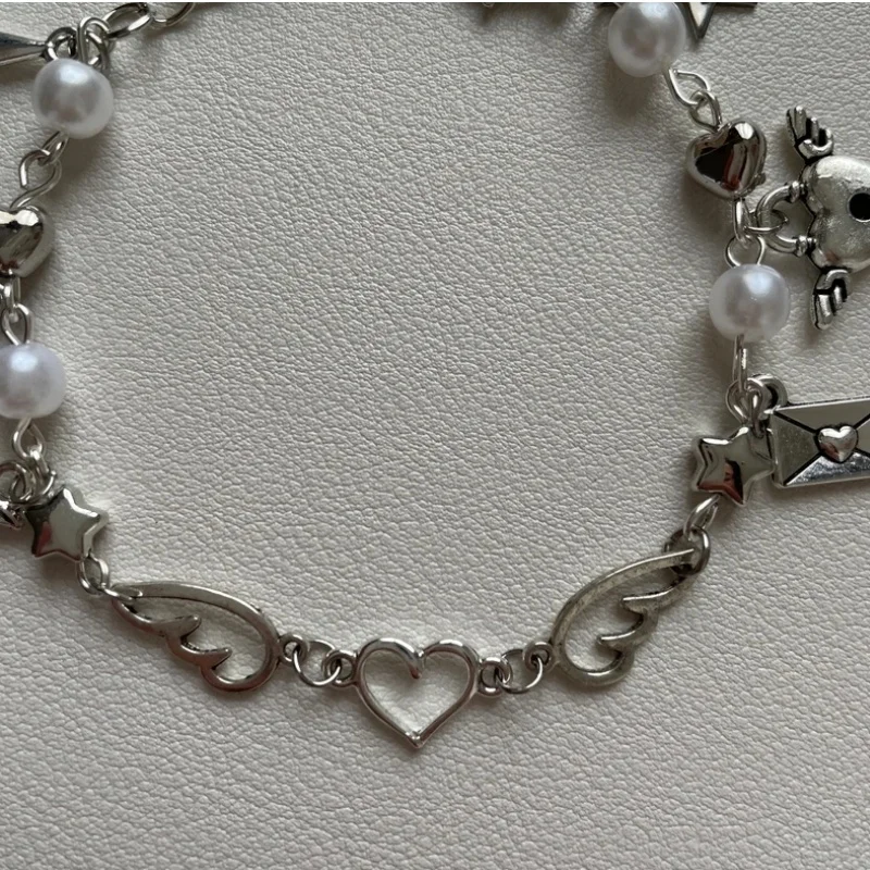 Y2K Модный милый авангардный хромированный браслет дружбы с крыльями и сердцем