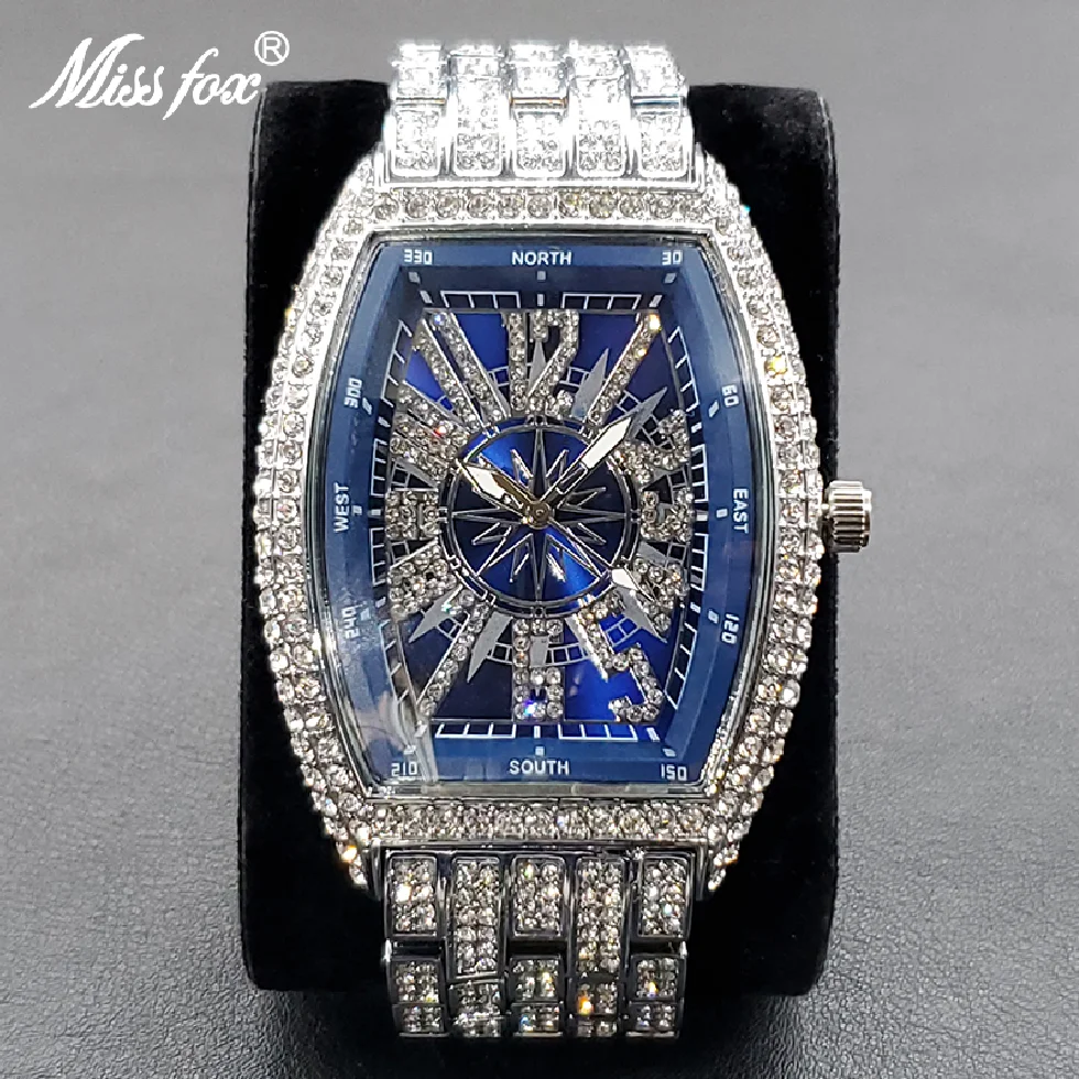 

Fashion Tonneau Men Watches Top Brand Luxury Diamond Hip Hop Blue Wristwatch Stylish Shiny Iced Out Waterproof Muller Watch Gift