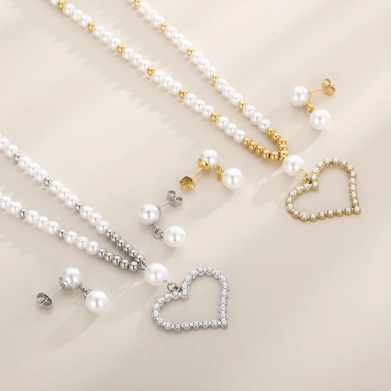 2 шт. ожерелья из нержавеющей стали с жемчугом и бисером серьги для женщин золотой
