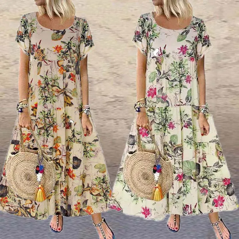 

Women Vintage Floral Long Dress Summer Boho Casual Loose Short Sleeve Female Beach Holiday Elegant Party Maxi Dresses Vestidos