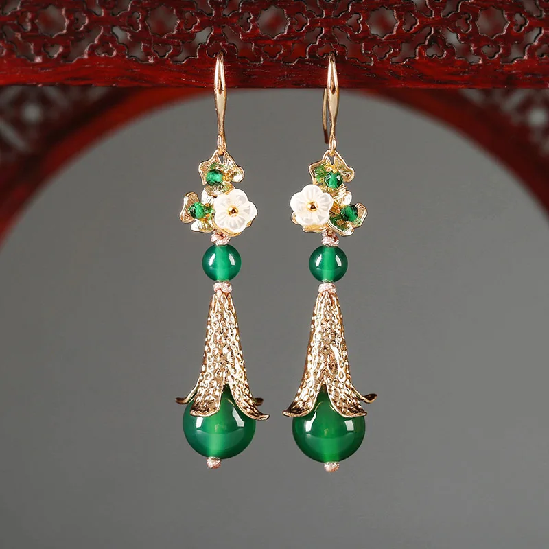 

Natural handcarved flower green jade earrings with 925 sterling silver jewelry earrings for women stud earings for women