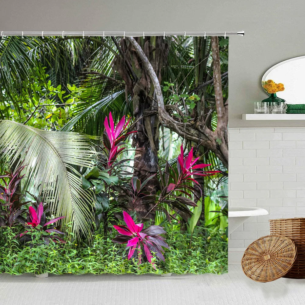 Занавеска для душа с 3D принтом зеленых растений Листьев Летний лес ткань ванны