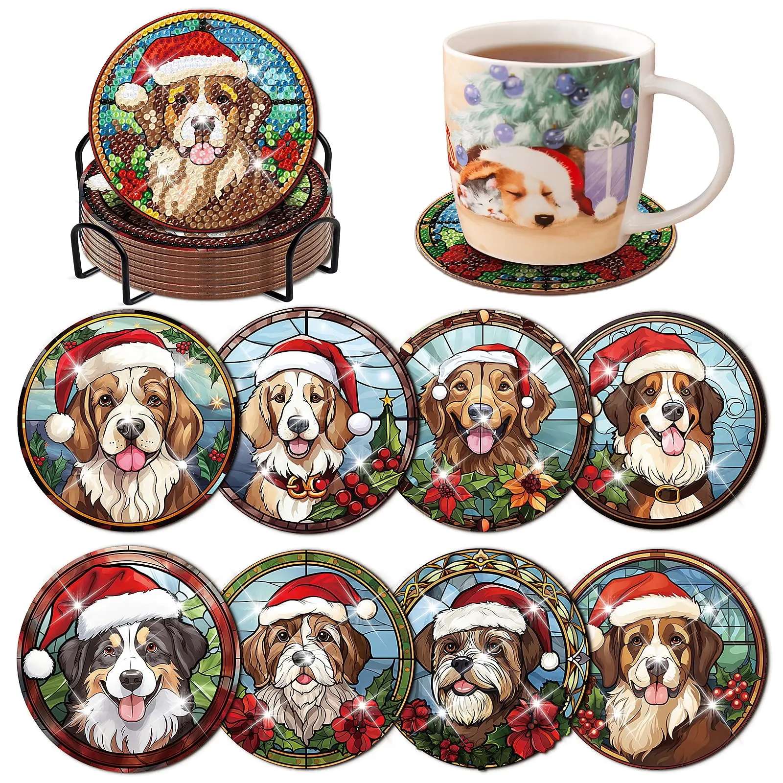 

8 Pcs Christmas Dog Diamond Art Painting Coasters Kits with Holder DIY Christmas Dog Diamond Art Coaster