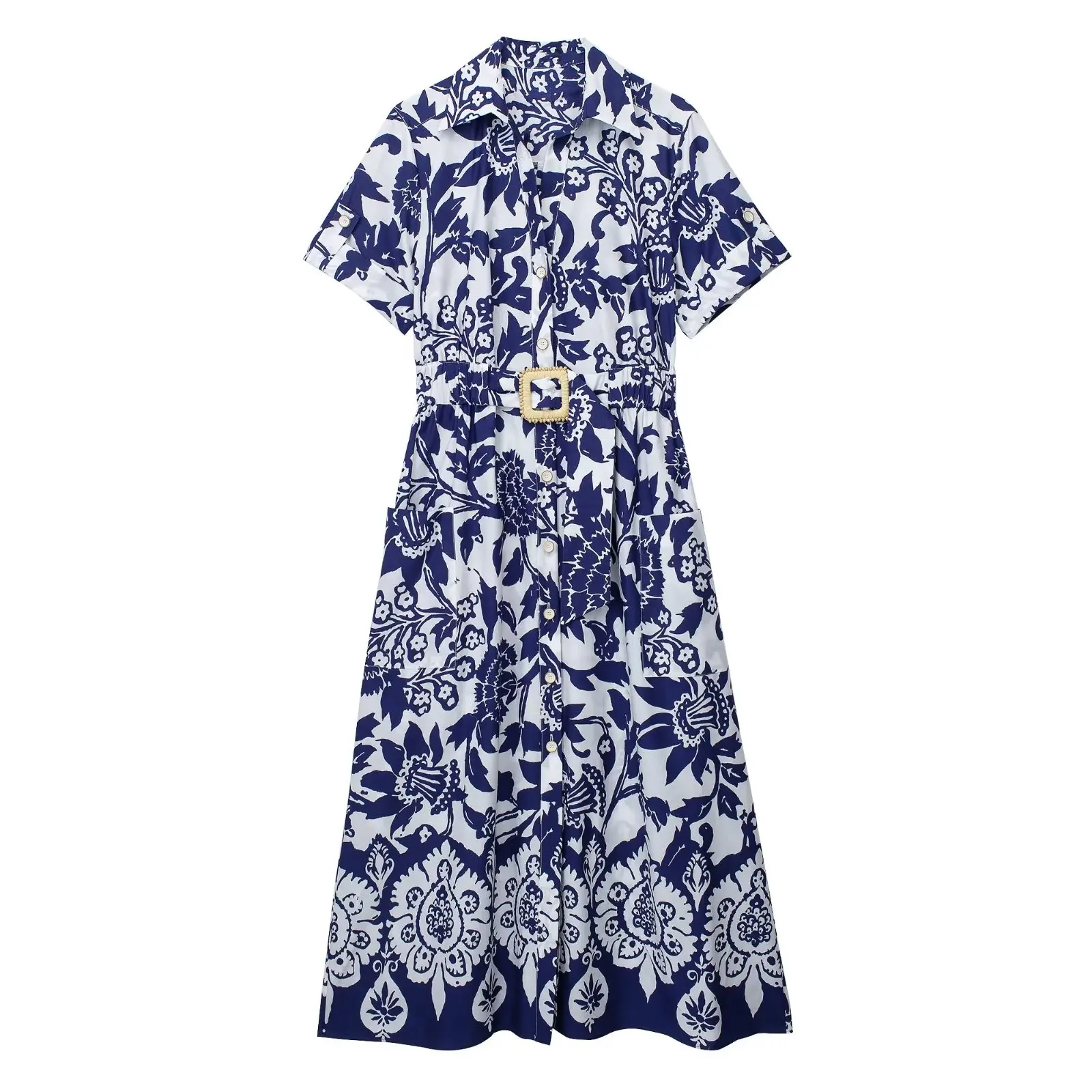 

Women 2023 New Chic Fashion With belt print midi Dress Vintage Short Sleeve Female Dresses Vestidos Mujer