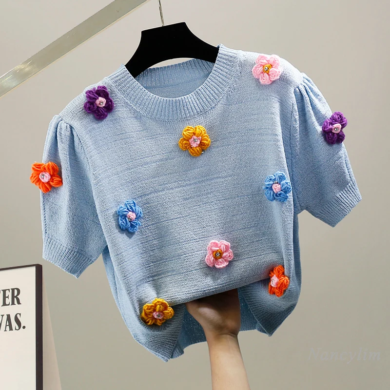 

2022 Spring Summer T-Shirt for Women New Three-Dimensional Floral Stitching Short-Sleeved Knitted Tees Temperament Top Femme