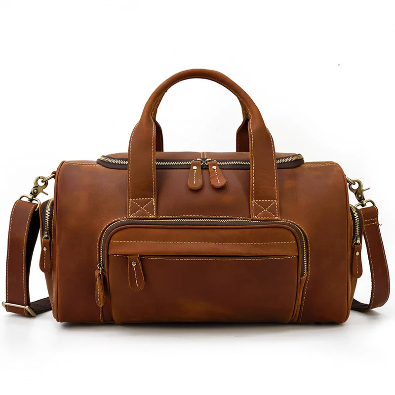 Crazy Horse Leather Duffle Bag Men's Cow Leather Travel Bag Vintage Genuine Leather Weekender Tote Brown