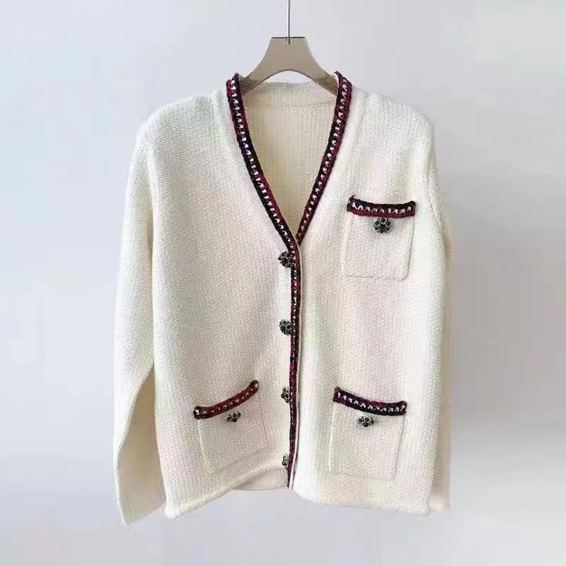 

Women Cardigan V-Neck Color Contrast Multi Pockets Single Breasted Long Sleeve Loose Sweater