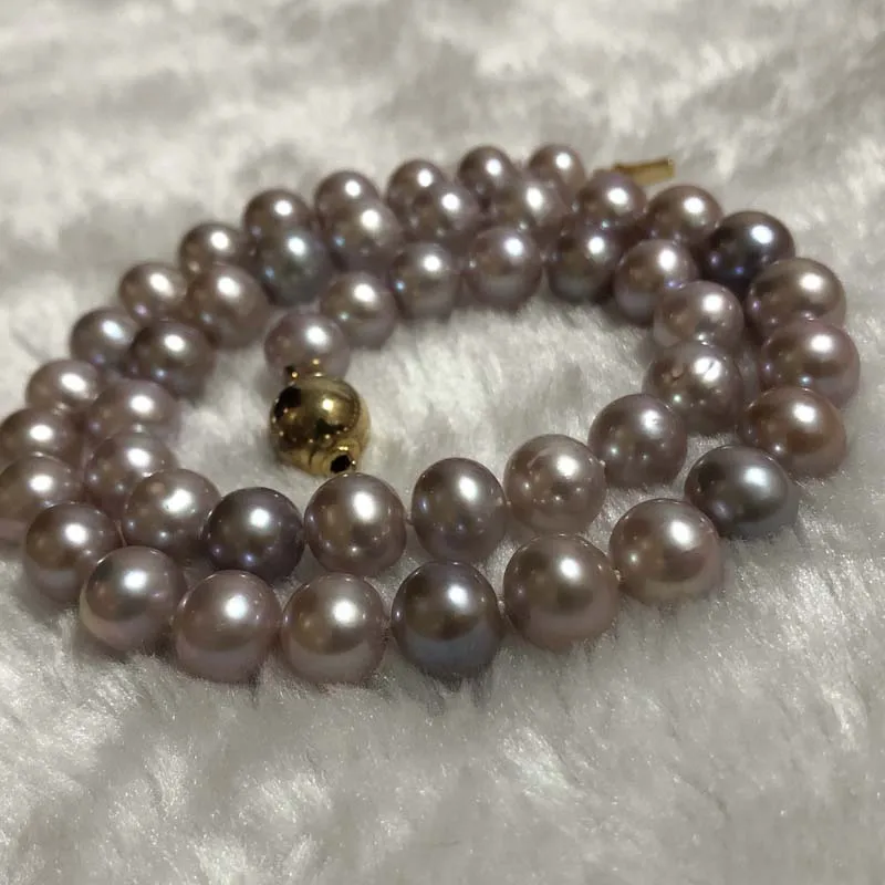 ELEISPLJEWELRY 9MM Round Natural Purple Pearls Necklace  #23000123
