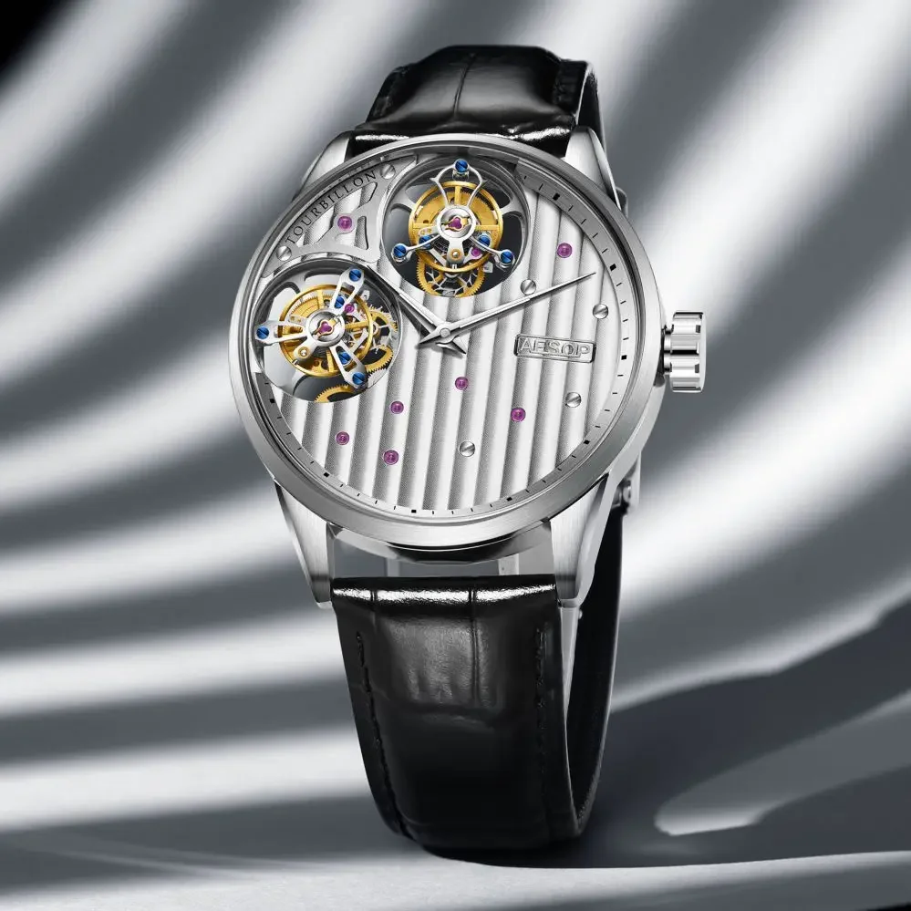 Новые мужские часы Aesop с двойным турбийоном механизм ручным заводом сапфировые