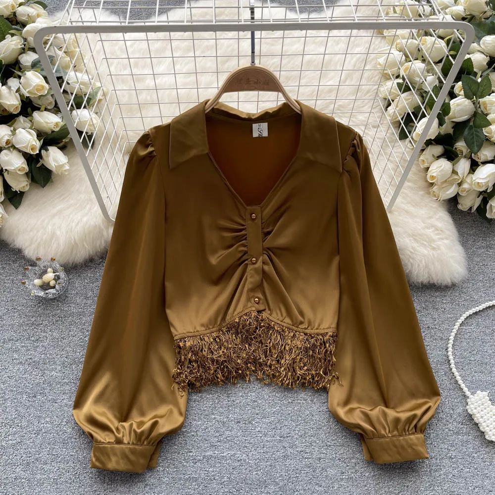 

Spring Wear New Fashion Tassel Shirt Women's V Neck Long Sleeve Solid Color French Pleated Short Tops Blouse Mujer J506