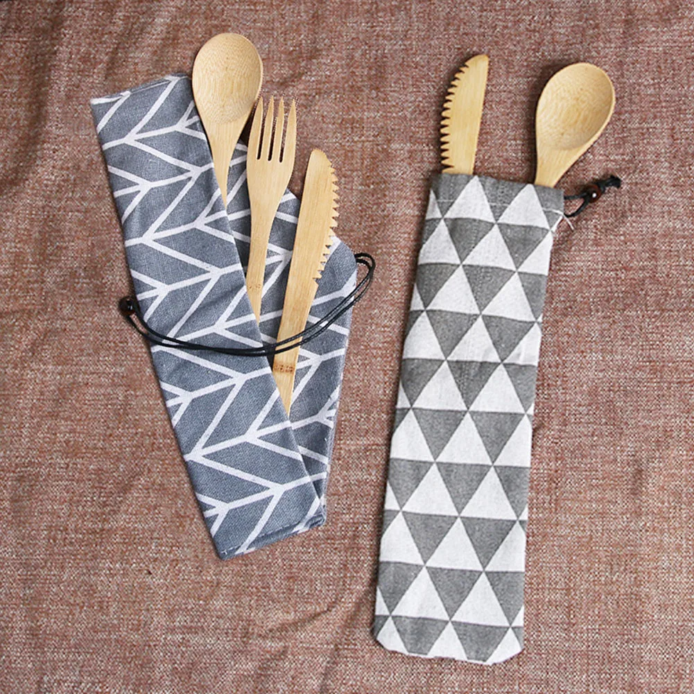 

Wooden Dinnerware Set Bamboo Fork Knifes Soup Teaspoon Chopsticks Catering Cutlery Set Cloth Bag Kitchen Cooking Tools Utensil