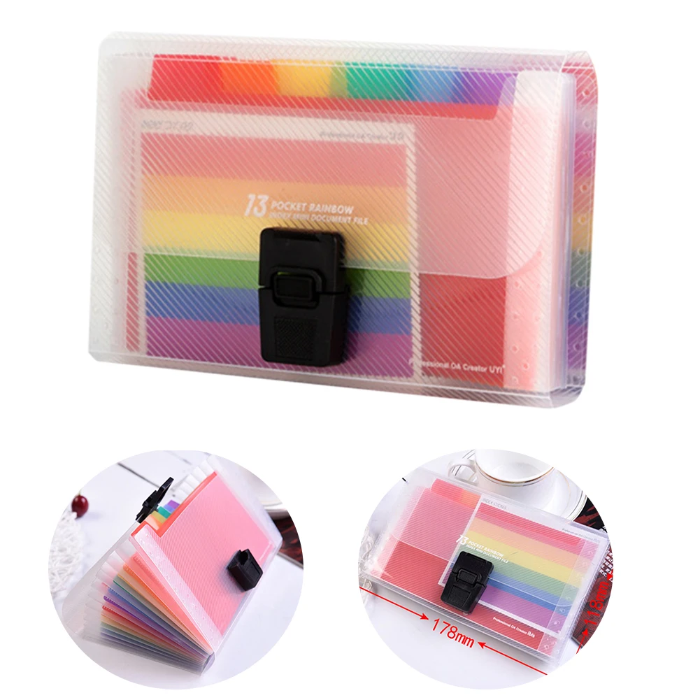 

School PP Rainbow Innner Portable Document File Folder A6 Accordion Buckle Receipt Storage Office 13 Pockets Expandable