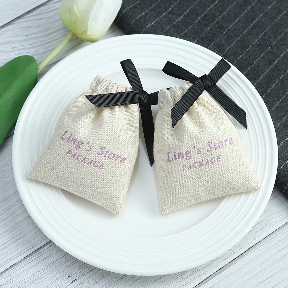 100 Personalized Logo Custom Nature Cotton Drawstring Bags Jewelry Pouches Packaging Chic Wedding Favor Bag with Black Ribbon