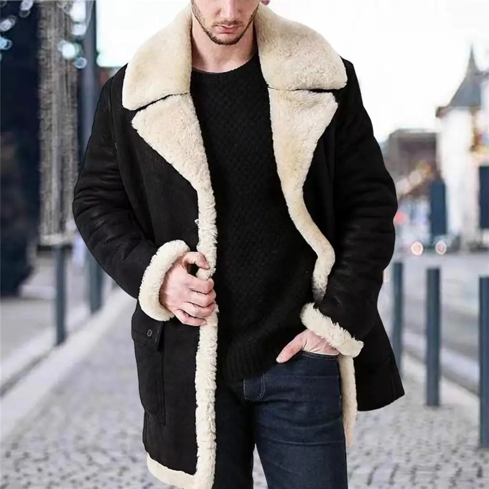 

Men Overcoat Faux Fur Integrated Plush Lining Thickened Coldproof European Style Faux Leather Lapel Jacket Coat Streetwear