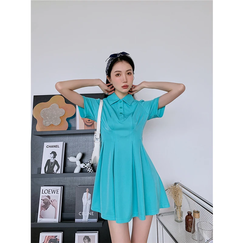 

Women's Clothing Blue Dress Simplicity Polo Collar Short Sleeve Casual Korean Fashion High Waist Baggy Short Skirt Ladies Summer