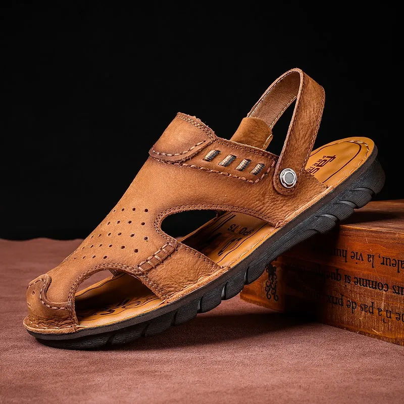 

Мужские сандалии в римском стиле, натуральная кожа, летняя Удобная прогулочная обувь, пляжные шлепанцы, Повседневные тапочки