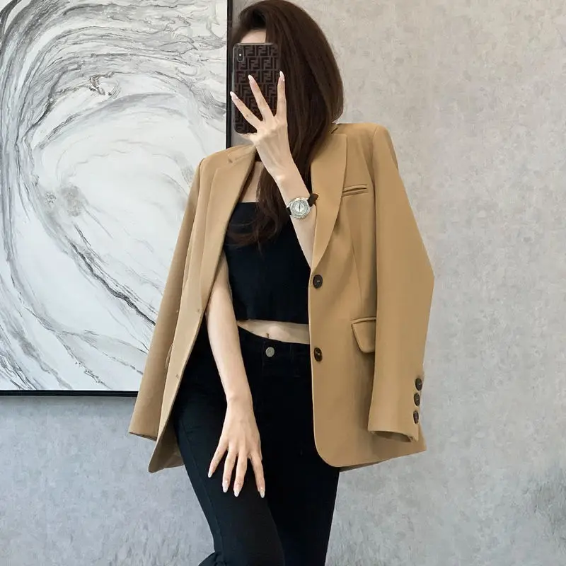 Women Khaki Chic Small Blazers Pockets Niche Loose Tops Femme Veste Autumn Casual Blazer Suit Solid Jacket Coat Female Outerwear