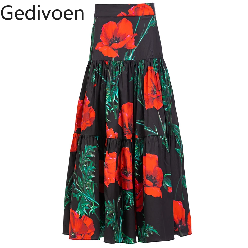 Gedivoen Fashion Runway Designer Summer Cotton Skirts Women's Balck Floral print Vacation Vintage Skirts