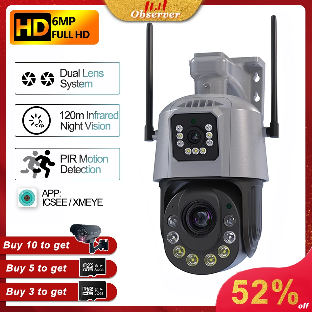 

6MP,IP-камера безопасности,наружная,WiFi,36x гибридный зум,ИК-ночное видение 120M,CCTV,камера видеонаблюдения,ICsee,водонепроницаемая,умный дом