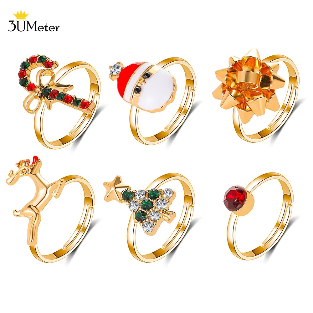 

6Pcs/Set Charming Christmas Ring Santa Claus Elk Christmas Tree Charm Rings Adjustable Gold Color Opening Christmas Jewelry Gift