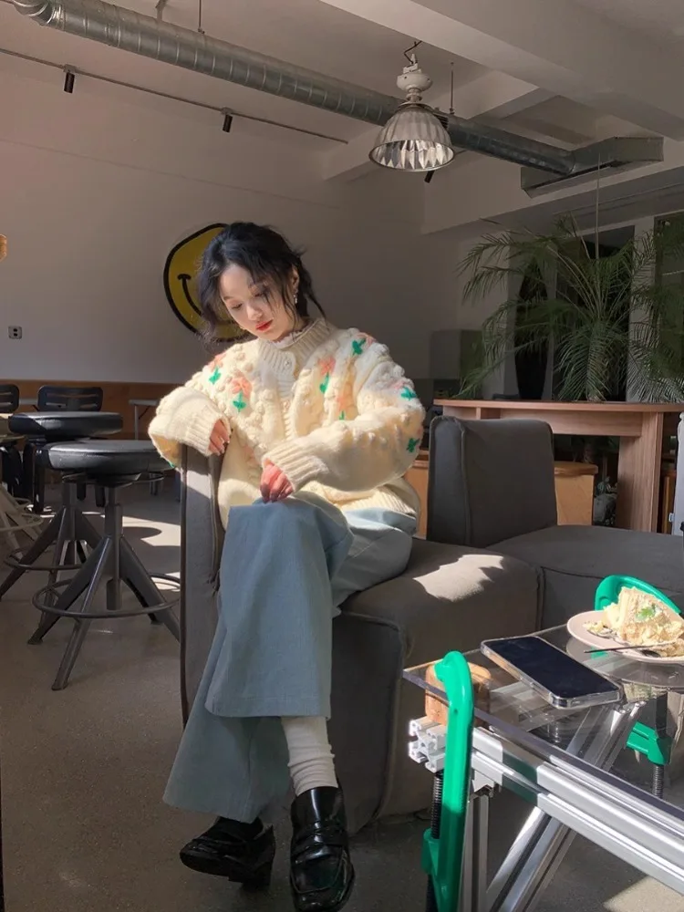 Нежный свободный женский свитер Hikigawa Koeran пальто Осенний шикарный модный милый