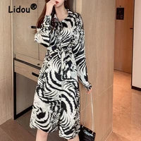leopard loose long sleeve polo neck lacing single breasted chiffon blouse 2022 spring autumn korean style thin midi dress