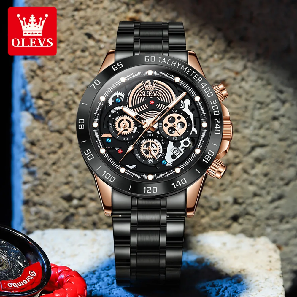 

OLEVS 2022 New Skeleton Design Sports Quartz Watch for Men Stainless Steel Chronograph 24 Hours Mens Watches Top Brand Luxury