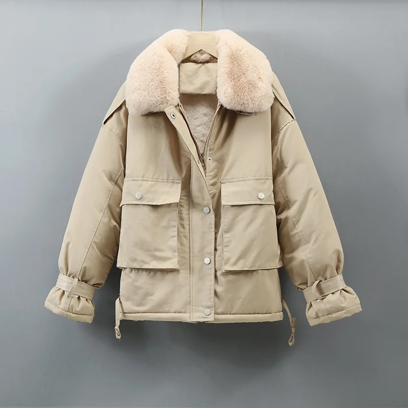 

Short Cotton Liner Parka Coat 2021new Winter Jacket Women Casual Thick Warm Parka Ladies Lapel Solid Color Chic Coat