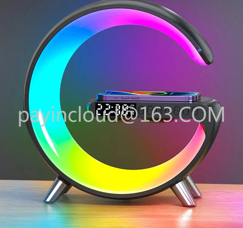 

Портативный умный Bluetooth-динамик с будильником, Светодиодный настольный светильник атмосферы, 15 Вт, беспроводное быстрое зарядное устройств...