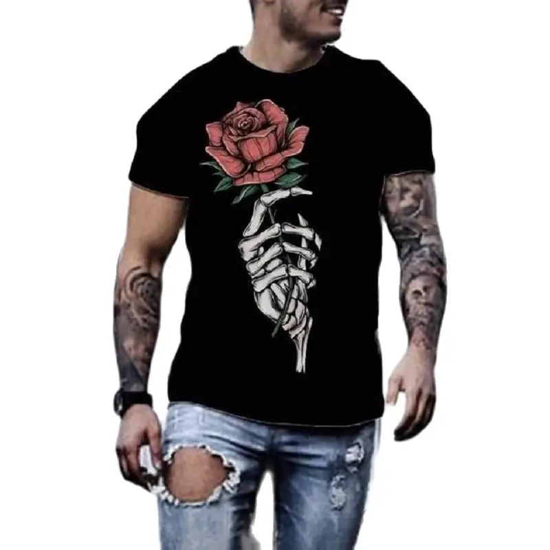 

Summer Men's T-Shirts Street Personalized Rose Flower Print 3D Clothes Mens Oversized Tops Tees Loose Pullover O-Neck T-Shirt