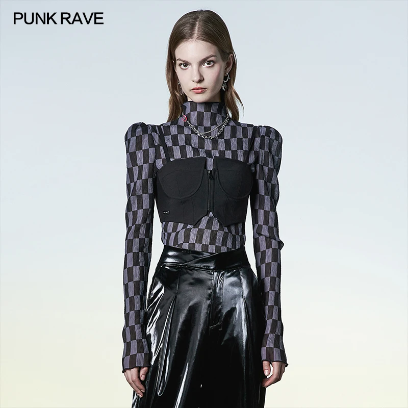 Женская плиссированная футболка в стиле панк-рейва с воротником-стойкой