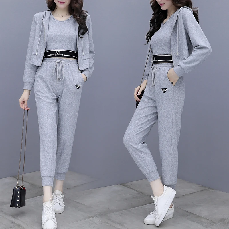 

2022 Women Three Pices Set Spring Summer Casual Solid Hoodie Cardigan Tops+Crop Vest+Elastic Waist Pants Female Suit Tracksuit