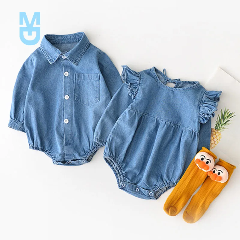 

New Baby Bodysuits Baby Cotton Shirt Collar Cowboy Brother Sister Wear Triangular Crawl Clothes Baby Girl Clothes(no sock)