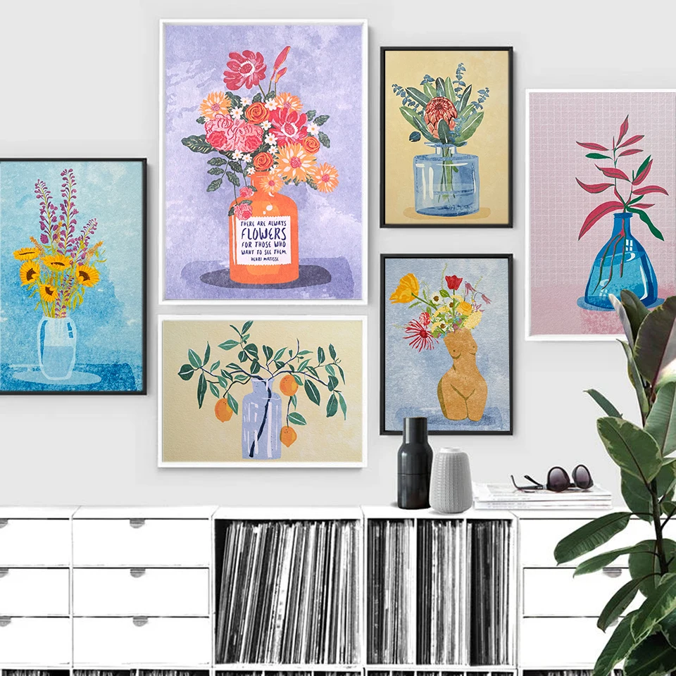 

Abstract Flower Sunflower Wildflower Art Poster Print Retro Raissa Oltmanns Nude Sculpture Vase Canvas Painting Room Home Decor