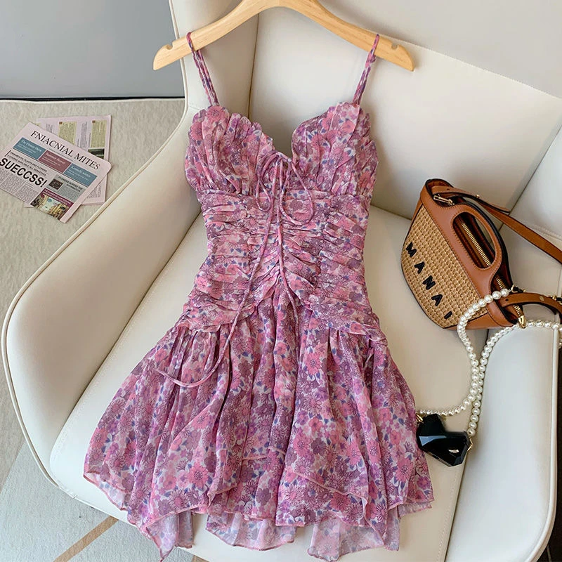 

Новинка 2022, винтажные элегантные женские платья на бретелях-спагетти, корейское шикарное приталенное женское платье с принтом, японское ми...